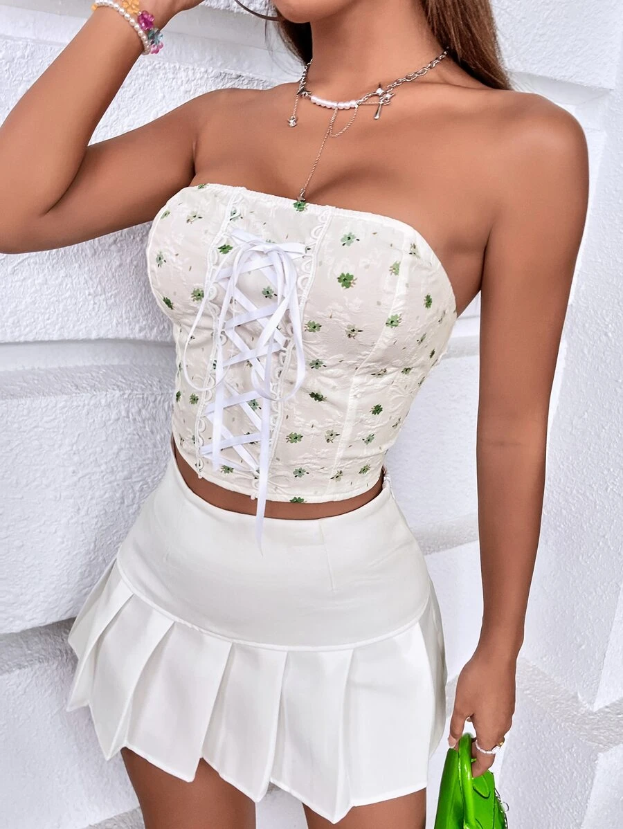 Random Ditsy Floral Jacquard Lace Up Front Shirred Back Tube Top - White - View 1