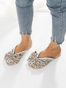 Bow & Faux Pearls Detail Mule Flats, Multi-Color Printed Women's Flat Shoes With Bowknot & Flower Detail Valentines - Multicolor - View 3