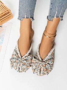 Bow & Faux Pearls Detail Mule Flats, Multi-Color Printed Women's Flat Shoes With Bowknot & Flower Detail Valentines - Multicolor - View 5