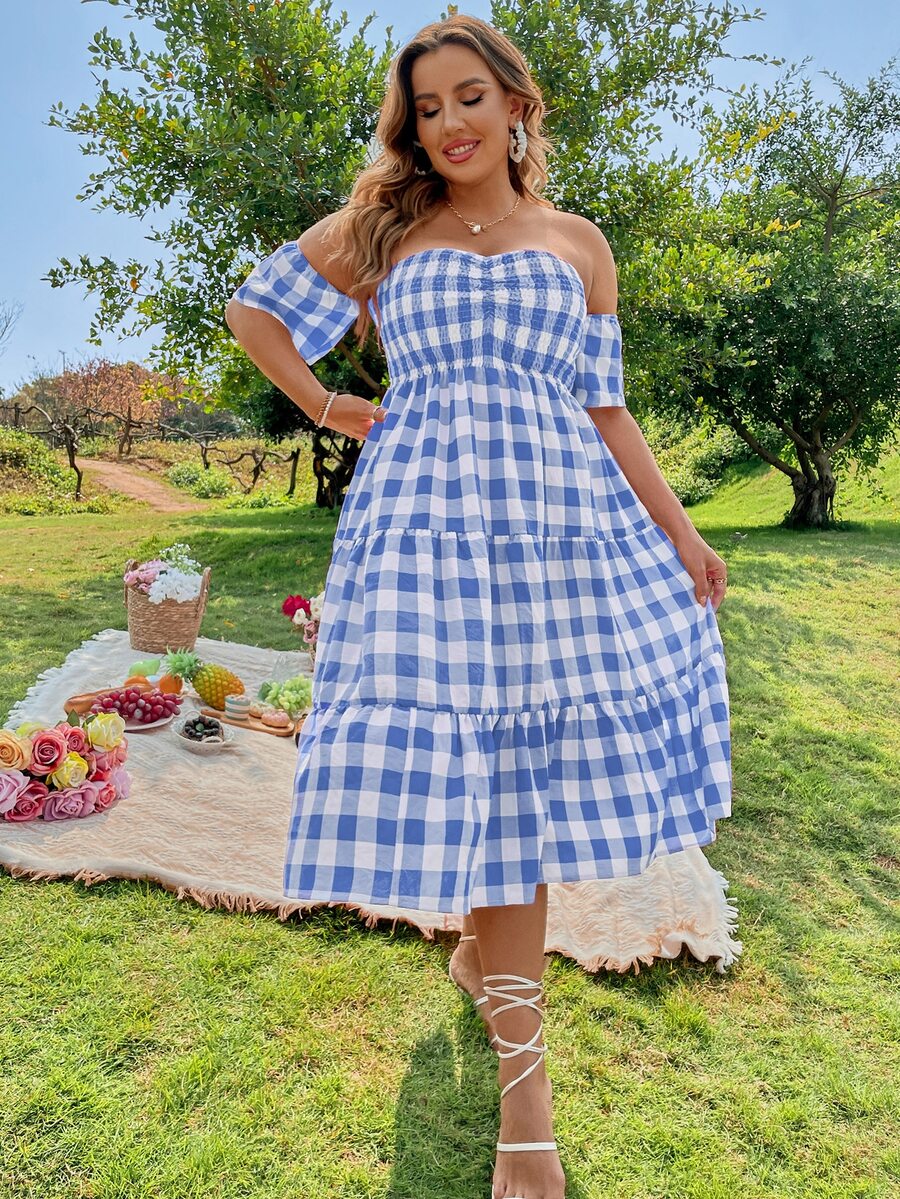 Plus Buffalo Plaid Off-shoulder Shirred Ruffle Hem Dress - Blue and White - View 1