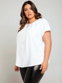 SHEIN Clasi Áo sơ mi Plus Size Nút Cắt ra màu trơn Thanh lịch - trắng - Xem 4