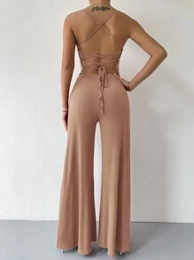 SHEIN Unity Lace Up Tied Backless Wide Leg Jumpsuit - Apricot - View 1