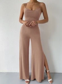 SHEIN Unity Lace Up Tied Backless Wide Leg Jumpsuit - Apricot - View 4