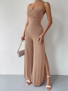 SHEIN Unity Lace Up Tied Backless Wide Leg Jumpsuit - Apricot - View 5