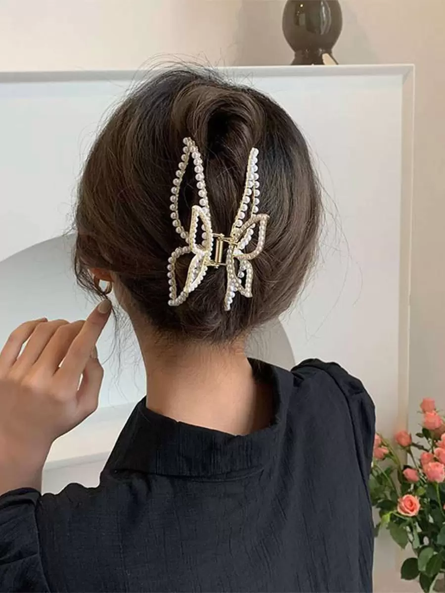 Faux Pearl Butterfly Design Hair Claw Elegant Tiaras,Hair Accessories,Claw Clips,Hair Jaw Clip,Hair Clutch Fall Winter Hair Clip For Vacation Outfits Woman - Gold - View 1