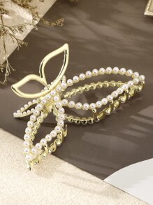 Faux Pearl Butterfly Design Hair Claw Elegant Tiaras,Hair Accessories,Claw Clips,Hair Jaw Clip,Hair Clutch Fall Winter Hair Clip For Vacation Outfits Woman - Gold - View 2