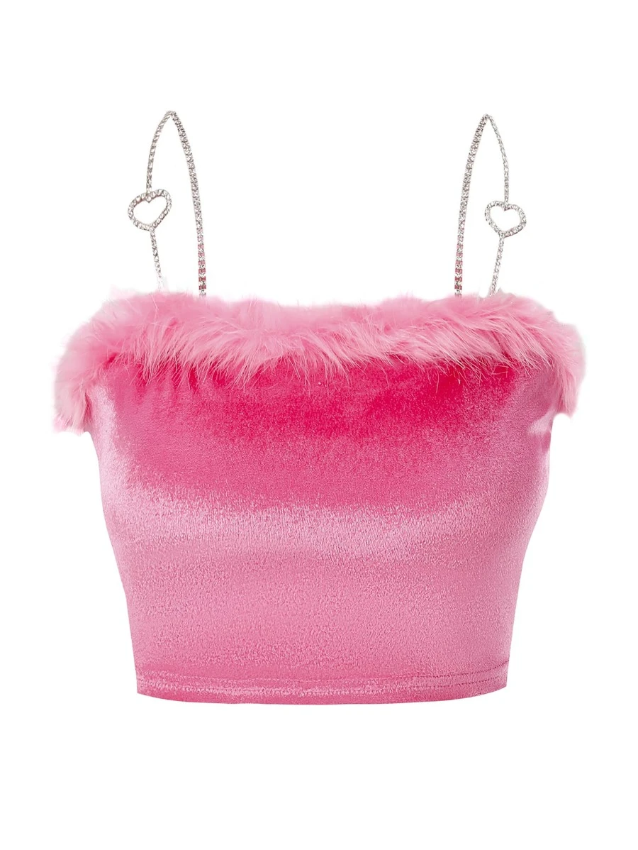 Top de tirantes ribete lanudo con diamante de imitación aro de corazón con diseño - Rosa Fucsia - Ver 1