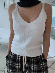 DAZY Rib Knit Lace Trim Cami Top - White - View 1