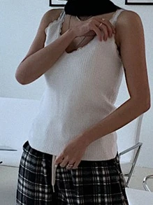 DAZY Rib Knit Lace Trim Cami Top - White - View 8