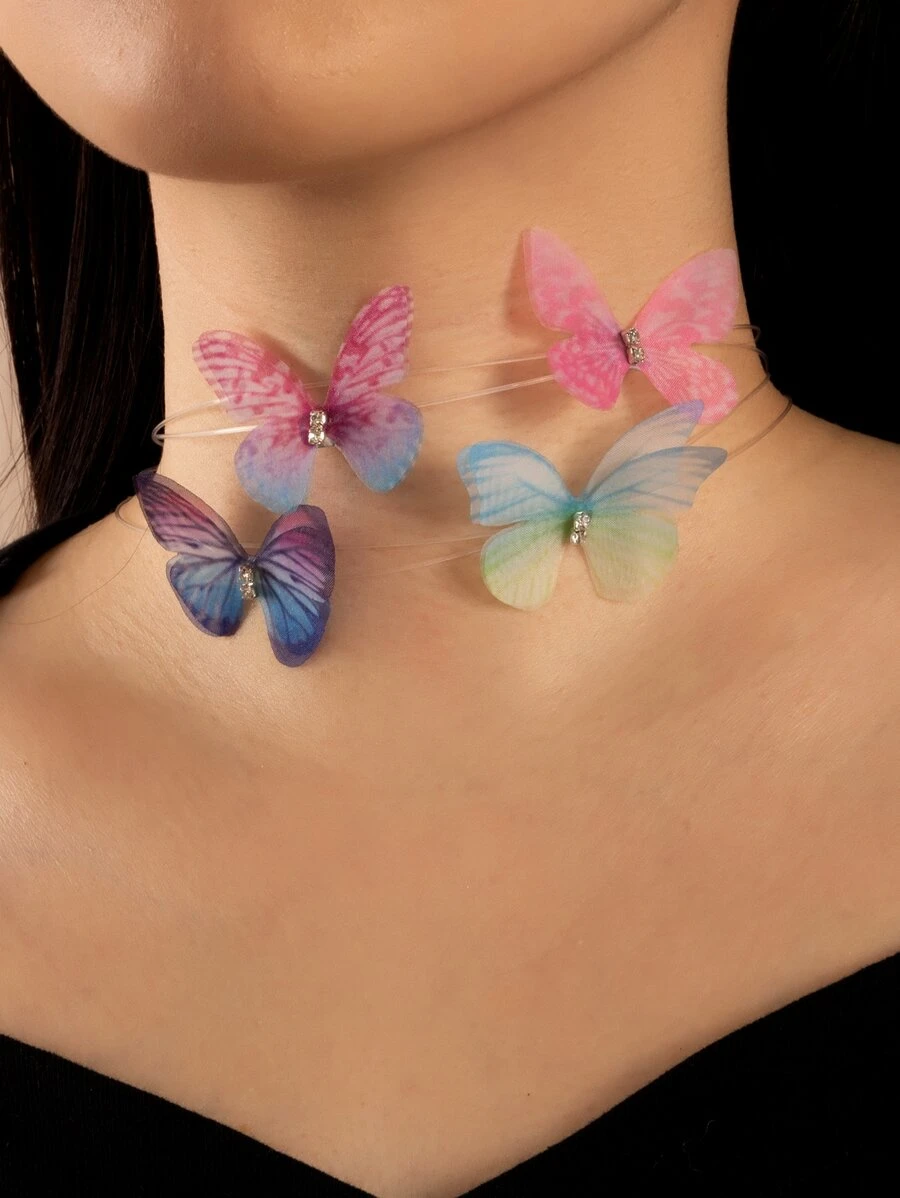 4pcs/Set Fashionable Colorful Sheer Butterfly Choker Necklaces, Sweet Ethereal Necklace Accessories For Women/Girls - Multicolor - View 1