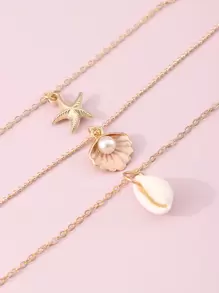 1pc Women Bohemian Beach Style Shell & Starfish Alloy Pendant Multi-Layer Necklace, Versatile For Daily Wear & Holiday - Yellow Gold - View 4