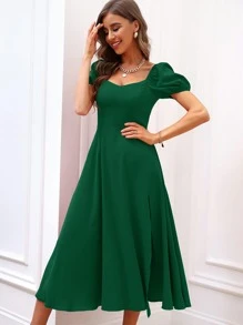 SHEIN Belle 泡泡袖雞心領口高衩洋裝 - 墨綠色 - 查看 6