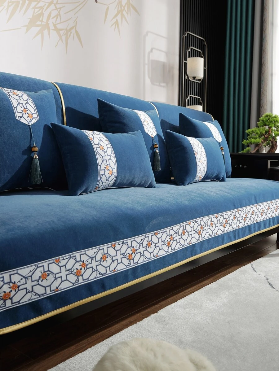 1pc Chenille Blue-and-white Porcelain Sofa Cushion - Blue - View 1