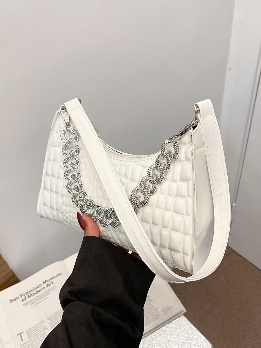 Wasserdichte, leichte, Business Casual Tasche mit Krokodilprägung und Kettendekor für Teenager, Mädchen, Frauen, Studenten/Schüler, perfekt für Büro, Hochschule, Arbeit, Geschäft, Pendeln, Für Angestellte - Weiss - Übersicht 1