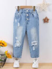 Niñitas Jeans cónicos con botón desgarro - Lavado ligero - Ver 1