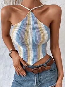 SHEIN Holidaya Colour Block Lace Up Back Hanky Hem Halter Knit Top - Multicolor - View 4