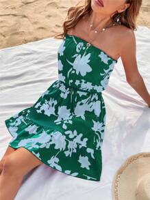 SHEIN VCAY Vestido tubo con estampado floral bajo con fruncido - Verde Oscuro - Ver 3