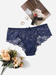 Floral Lace Bow Decor Panty Lingerie Bow Tie - Navy Blue - View 6