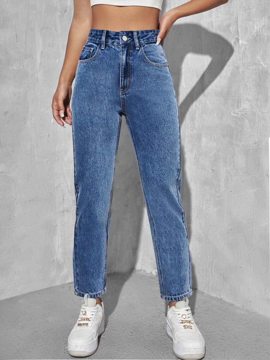 SHEIN PETITE High Waist Mom Fit Jeans - Medium Wash - View 1