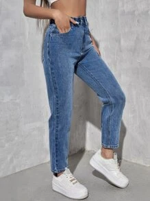 SHEIN PETITE High Waist Mom Fit Jeans - Medium Wash - View 4