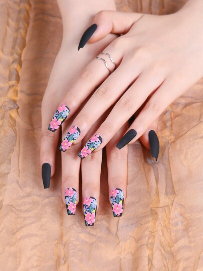 fengshangmei 24Pcs Floral Pattern Fake Nail & 1Pc Nail File & 1Sheet Tape Press On Nails Nail Supplies Nails