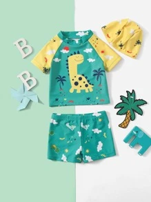 Baby Boy 3pack Allover Dinosaur Print Raglan Sleeve Swimsuit With Hat - Green - View 1