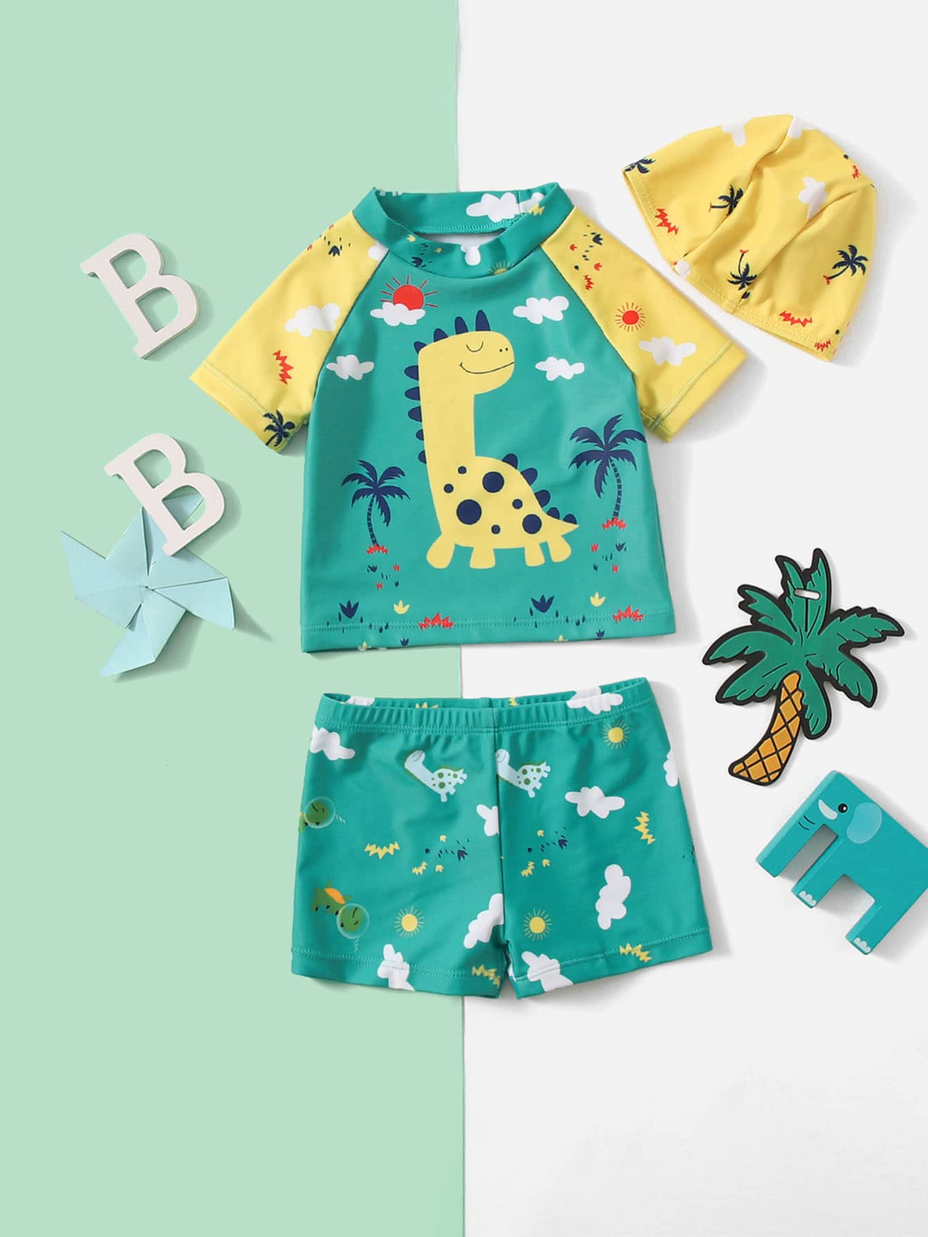 Baby Boy 3pack Allover Dinosaur Print Raglan Sleeve Swimsuit With Hat - Green - View 1