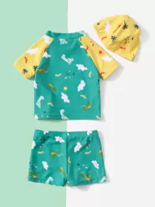 Baby Boy 3pack Allover Dinosaur Print Raglan Sleeve Swimsuit With Hat - Green - View 2