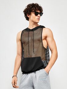Manfinity Fever City Nam Kangaroo Túi Dây Rút Có Mũ Trùm Đầu Lưới Không Tay Màu Đen Trơn Thời Trang Áo Tank Top - màu đen - Xem 3