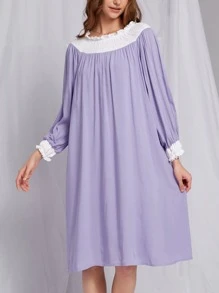 褶邊打褶直筒休閒服連衣裙 - 紫丁香色 - 查看 1