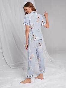 Conjunto de pijama con estampado floral con bolsillo delantero unido en contraste - Celeste - Ver 2