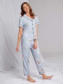 Conjunto de pijama con estampado floral con bolsillo delantero unido en contraste - Celeste - Ver 5