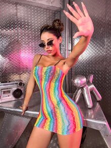 Rainbow Striped Mesh Dress Without Lingerie - Multicolor - View 1