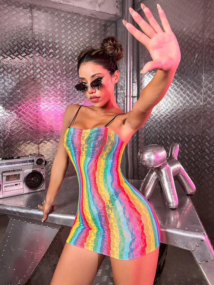Rainbow Striped Mesh Dress Without Lingerie - Multicolor - View 1