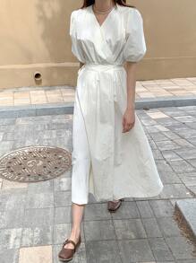DAZY 素色泡泡袖後綁帶連衣裙 - 白色 - 查看 5