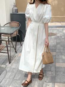 DAZY 素色泡泡袖後綁帶連衣裙 - 白色 - 查看 7