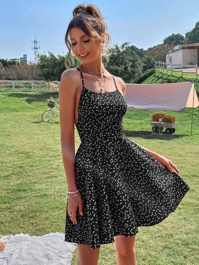 Confetti Heart Print Crisscross Tie Backless Cami Dress