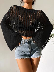 Breezaya Open Knit Bell Sleeve Sheer Jumper Without Bra - Black - View 3