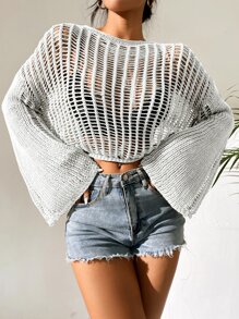 Breezaya Open Knit Bell Sleeve Sheer Jumper Without Bra - White - View 3