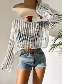 Breezaya Open Knit Bell Sleeve Sheer Jumper Without Bra - White - View 4