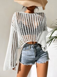 Breezaya Open Knit Bell Sleeve Sheer Jumper Without Bra - White - View 5