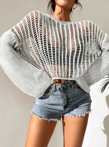 Breezaya Open Knit Bell Sleeve Sheer Jumper Without Bra - White - View 6