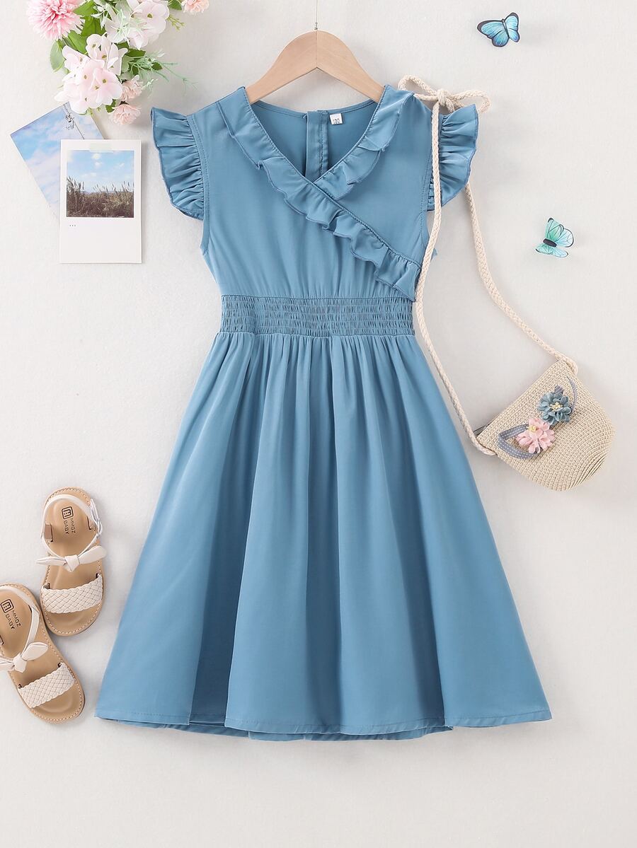 Girls Ruffle Trim Flutter Sleeve Shirred Waist Dress - Dusty Blue - View 1