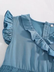 Girls Ruffle Trim Flutter Sleeve Shirred Waist Dress - Dusty Blue - View 3