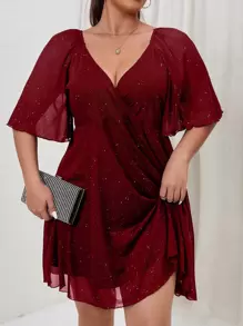SHEIN Unity 加大飘袖重叠领网眼连衣裙，酒红色女装 - 酒紅色 - 查看 3