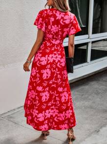 SHEIN VCAY 印花蝴蝶袖繫腰帶連衣裙