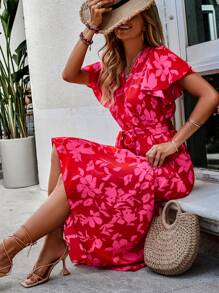 SHEIN VCAY 印花蝴蝶袖繫腰帶連衣裙