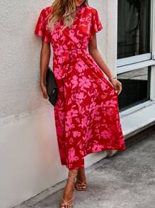 SHEIN VCAY 印花蝴蝶袖繫腰帶連衣裙