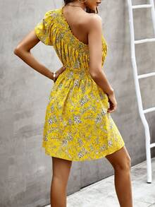 印花打褶單肩連衣裙 - 黃色 - 查看 2