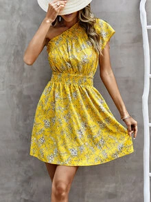 印花打褶單肩連衣裙 - 黃色 - 查看 4